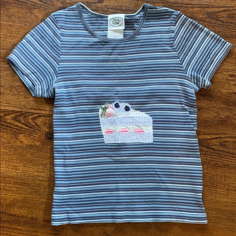 Upcycled Blue Striped Tee With Cake Patchwork Design
